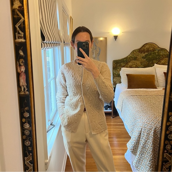 Vintage Wintuk Acrylic Oatmeal Crewneck Cardigan with Scalloped Hem & Sleeves - Picture 12 of 12